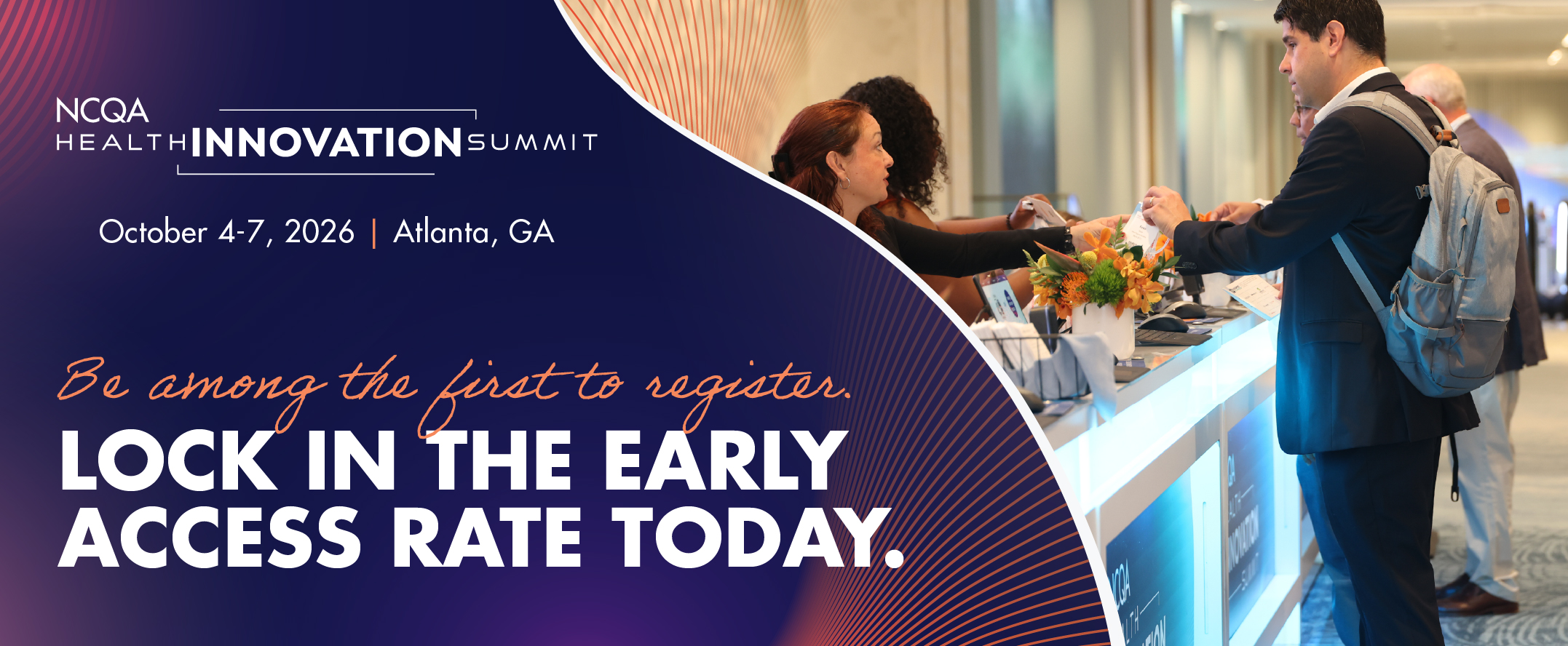 Promotional graphic for the NCQA Health Innovation Summit, October 4–7, 2026, in Atlanta, Georgia, encouraging early registration with early access rates.